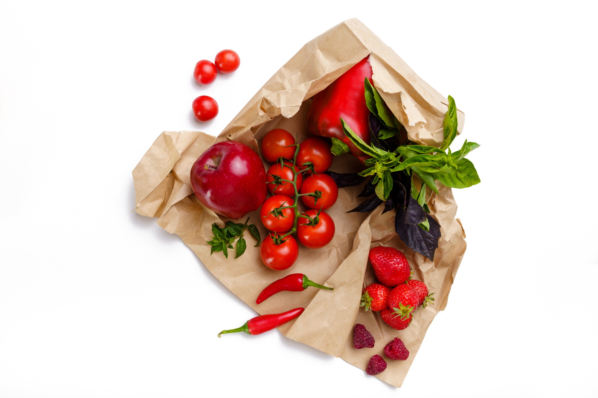 Raw vegetables and fruits in cotton package