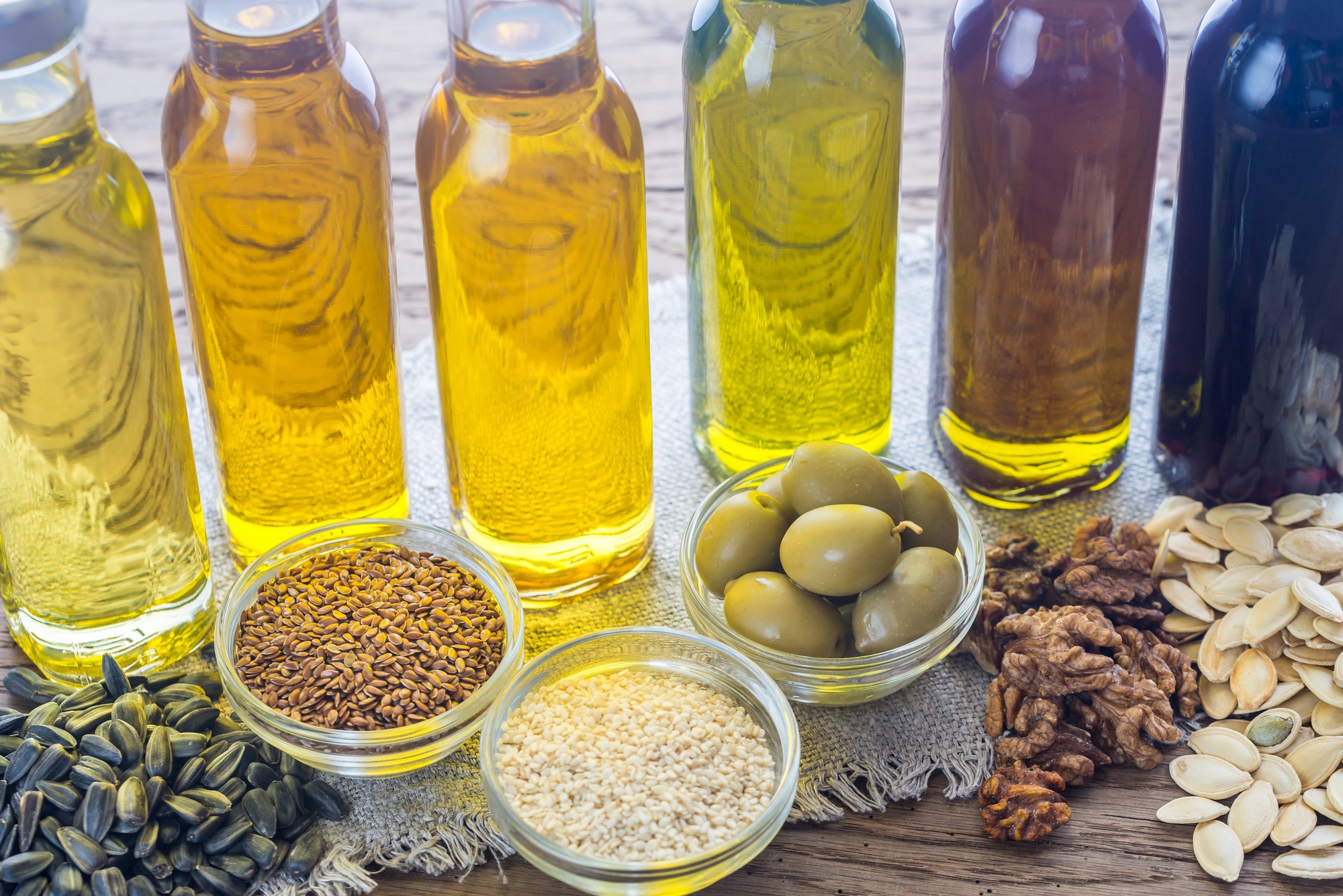 Bottles with different kinds of vegetable oil