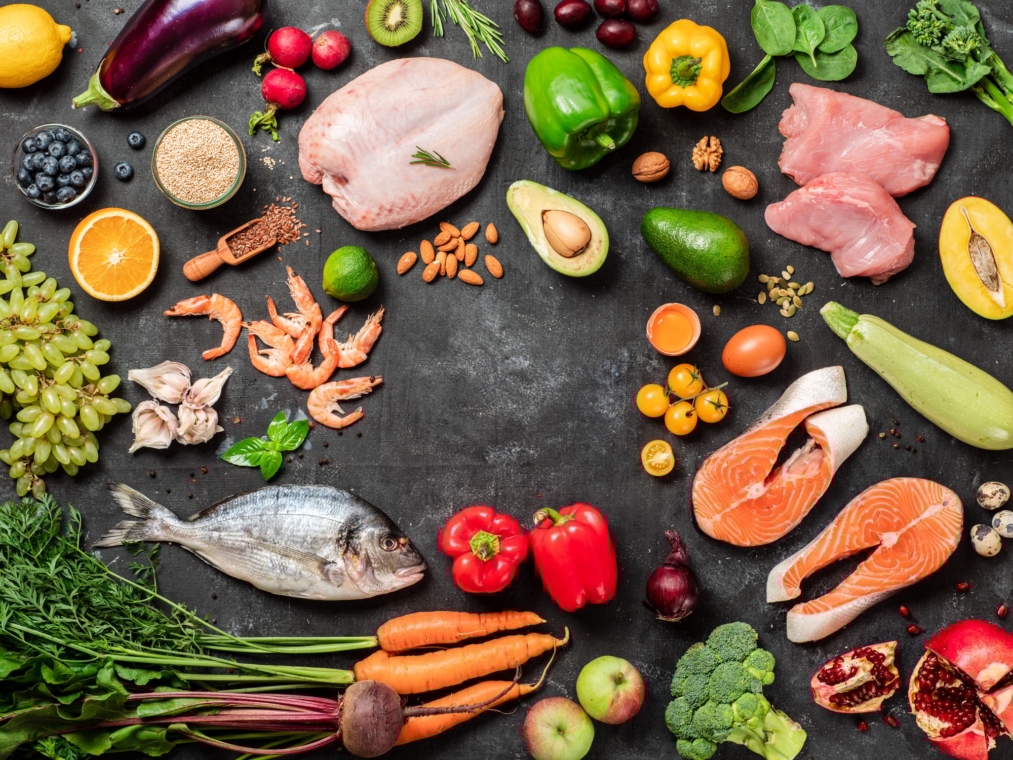 Pegan diet concept. Paleo plus vegan food ingredients