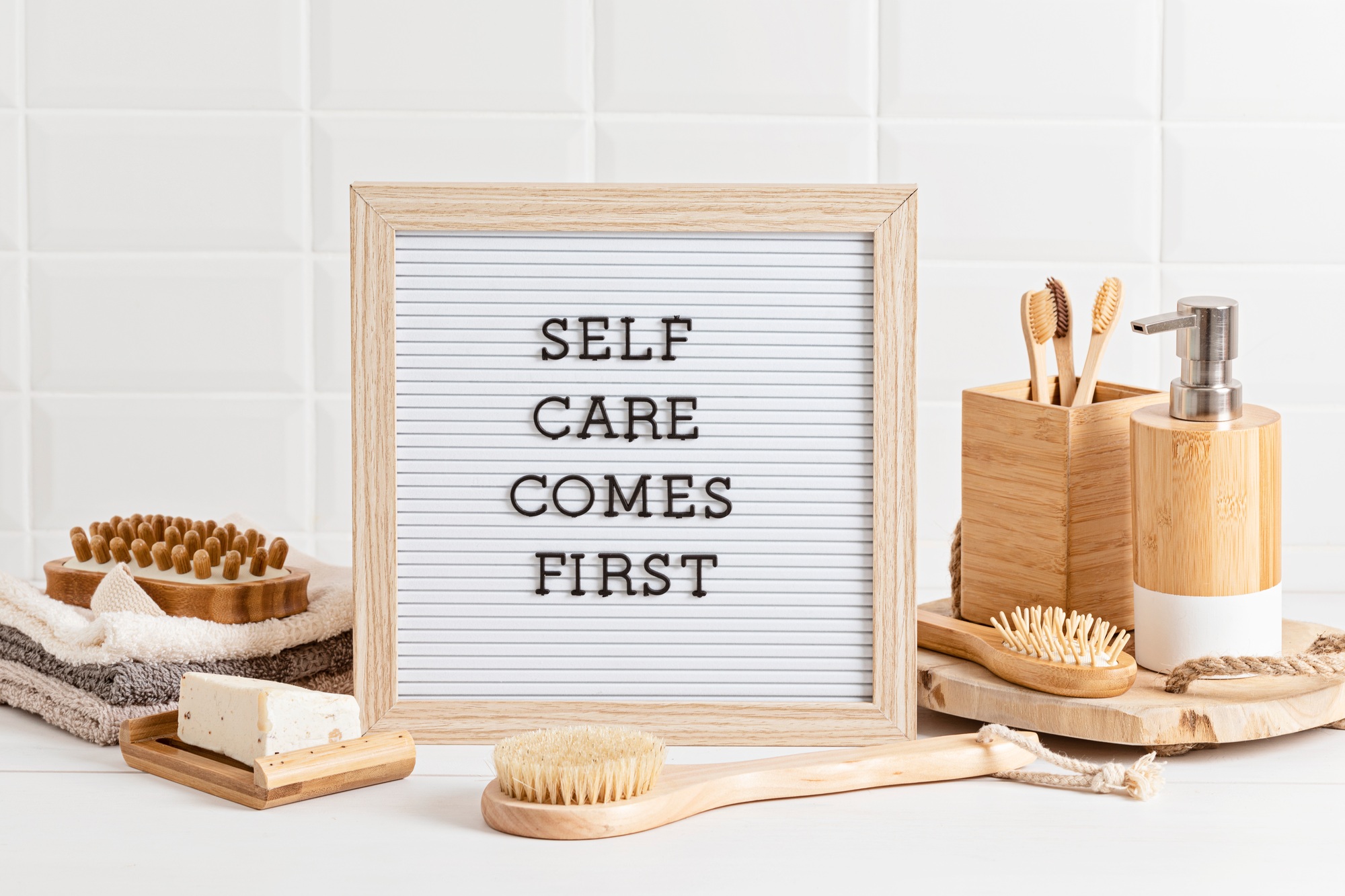 Bathroom styling and organization. Organic lifestyle and skin care products